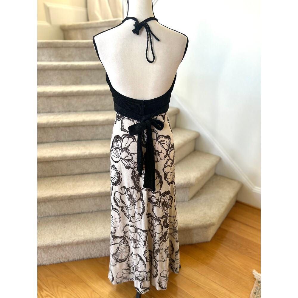 Vintage 70s Black Ribbed Metallic Knit Crochet Top Floral Maxi Skirt - Picture 3 of 6
